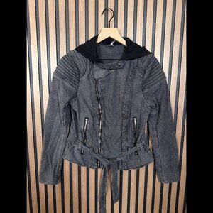 Free People Biker Jacket Medium Gray Black Motorcycle Hooded Belted Railroad